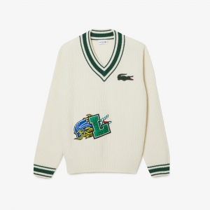 Men's Lacoste Holiday Comic Badge Striped V-Neck Sweater